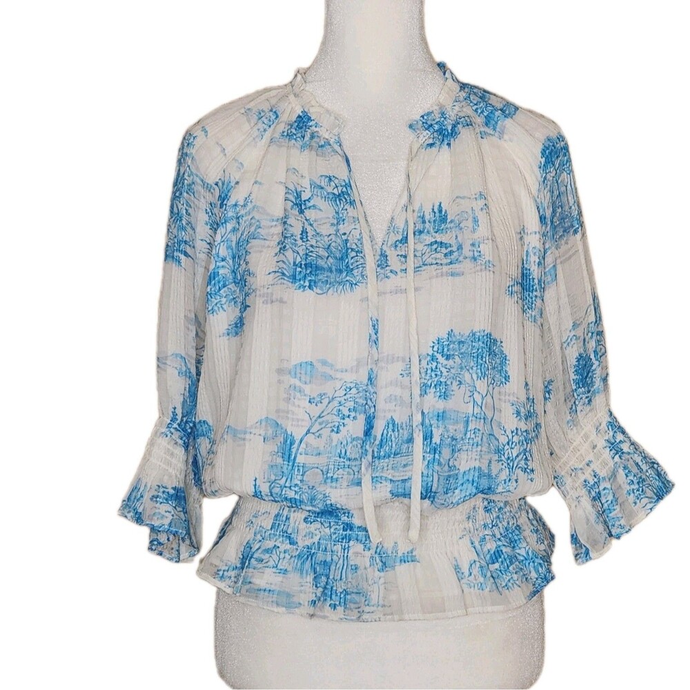 Ann Taylor Smocked Peplum Blouse Small Blue White Toile Print Cottagecore